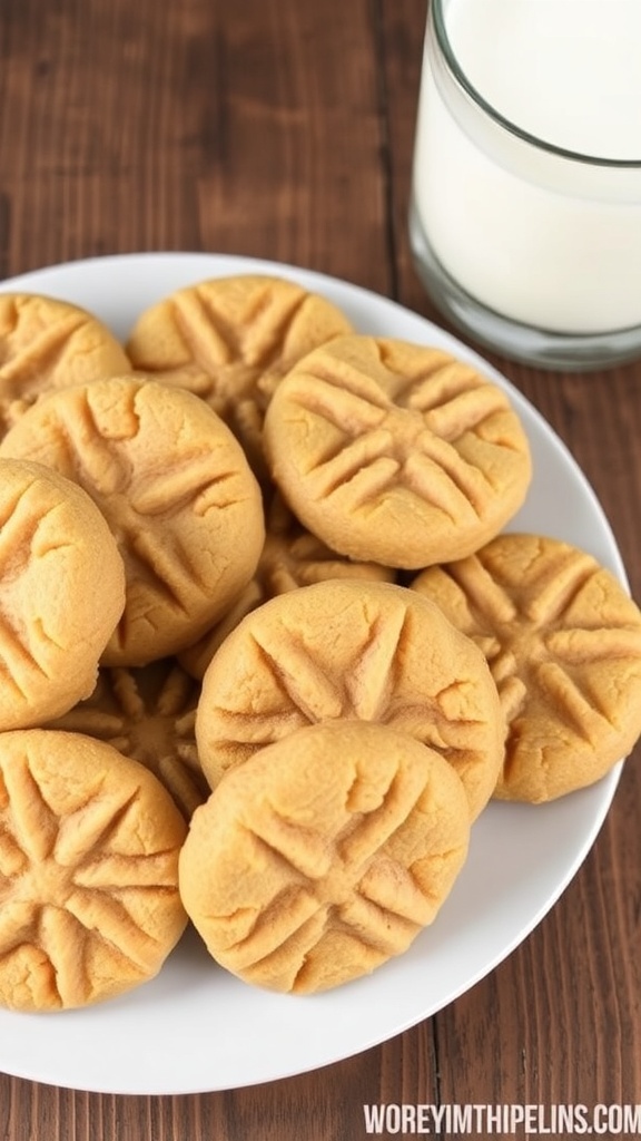 A plate of freshly baked peanut butter cookies with a crisscross pattern, served with a glass of milk.